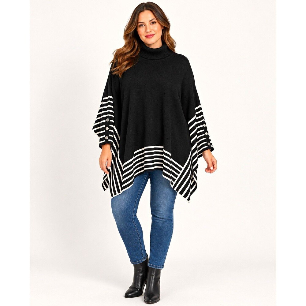 The Limited Women’s Black White Striped Knit Turtleneck Poncho Sweater L/XL